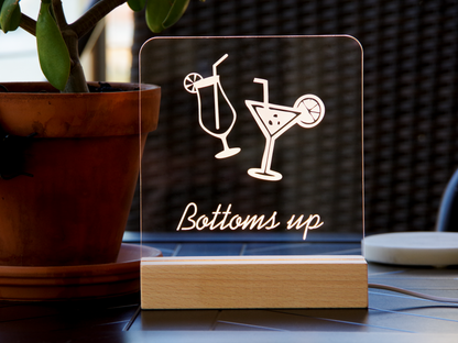 Wine, Bottoms Up - Engraved Acrylic Light Up Sign