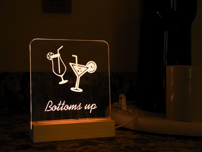 Wine, Bottoms Up - Engraved Acrylic Light Up Sign